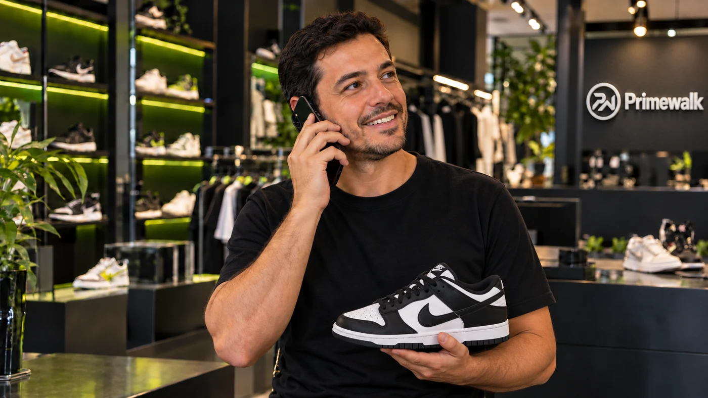 Funcionário da Primewalk com camiseta preta lisa, segurando um Dunk Panda na mão esquerda e atendendo ao celular com a mão direita, com o logo da loja em relevo na parede